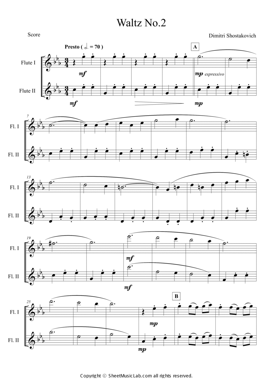 Waltz No.2 (Jazz Suite No.2_Suite For Promenade Orchestra) Flute Duet scores gallery preview page 1