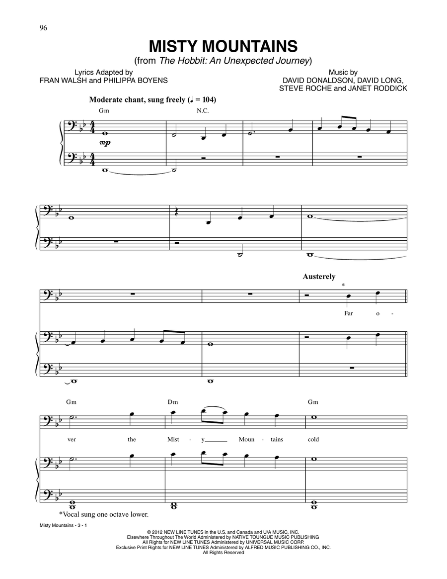 Misty Mountains (from The Hobbit: An Unexpected Journey) Piano, Vocal, Guitar scores gallery preview page 1