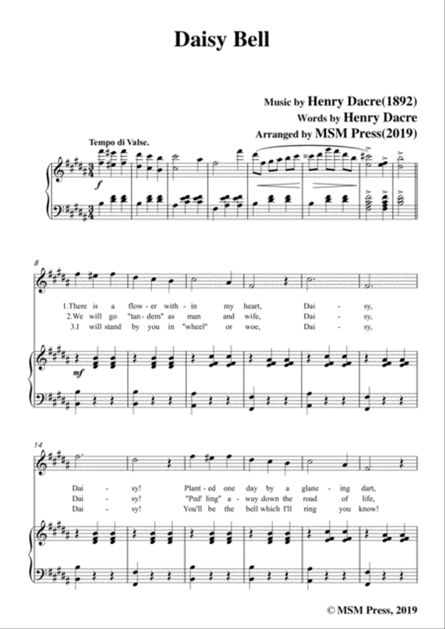 Henry Dacre-Daisy Bell,in B Major,for Voice and Piano Voice Solo scores gallery preview page 3