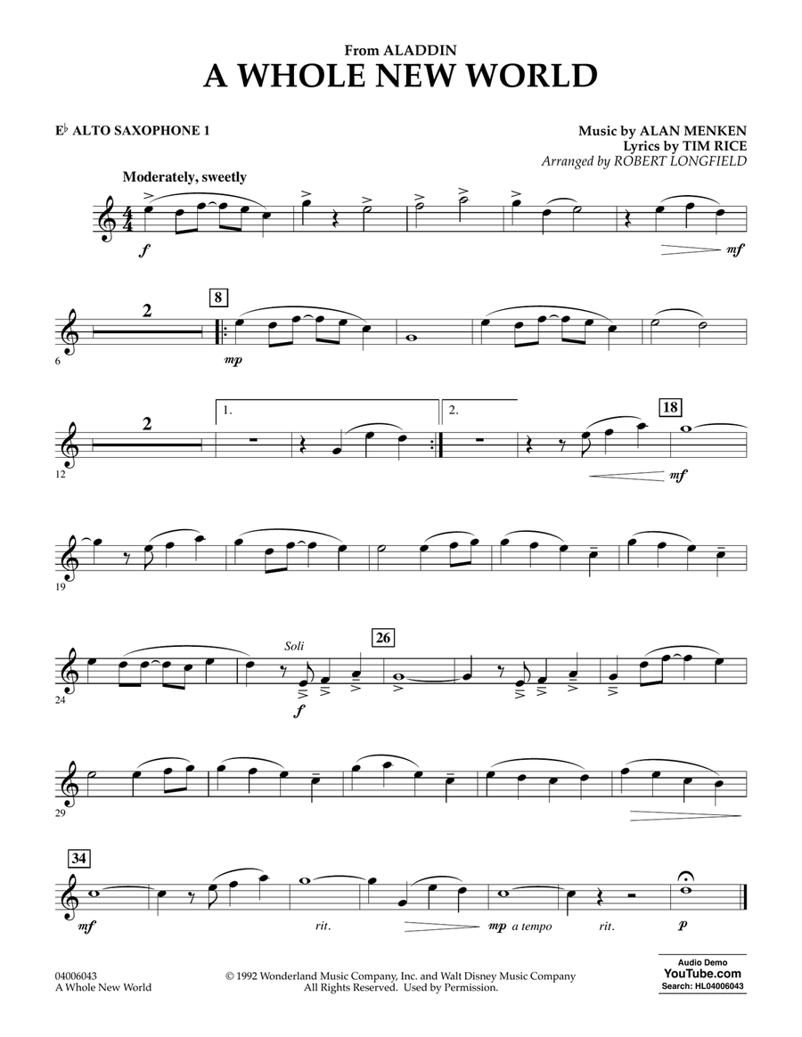 A Whole New World (from Aladdin) (arr. Robert Longfield) - Eb Alto Saxophone 1 Concert Band scores gallery preview page 1