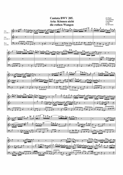 Aria: Können nicht die rothen Wangen from cantata BWV 205 (arrangement for 3 recorders)