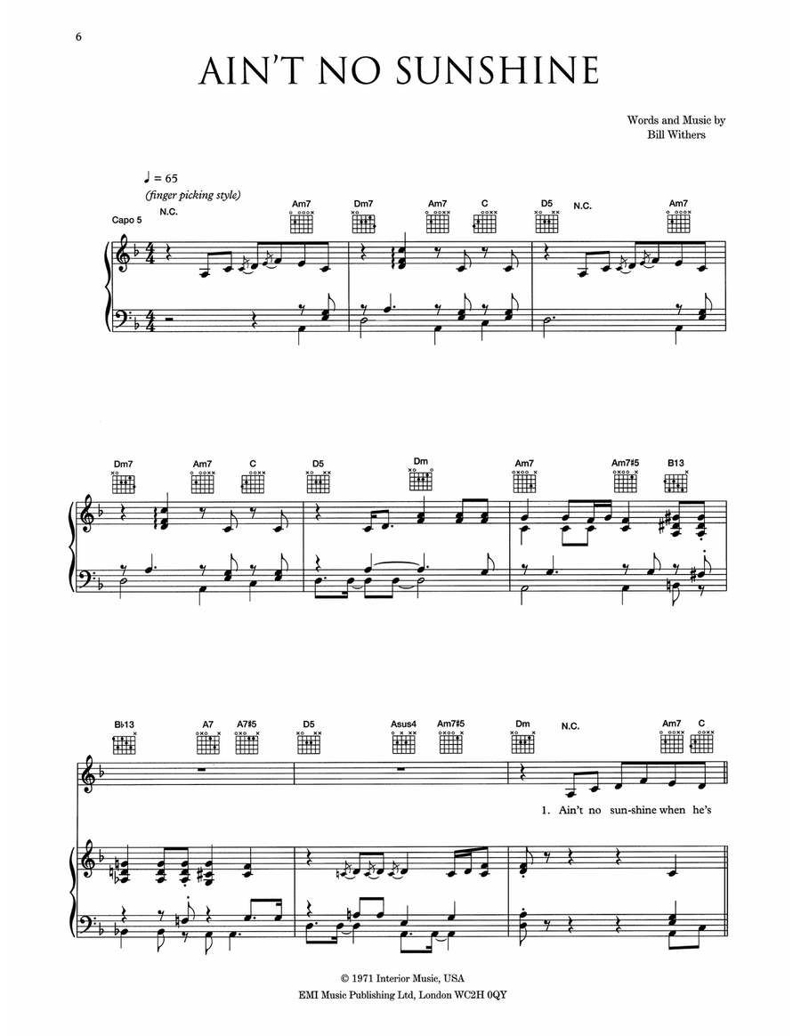 Ain't No Sunshine Piano, Vocal, Guitar scores gallery preview page 1