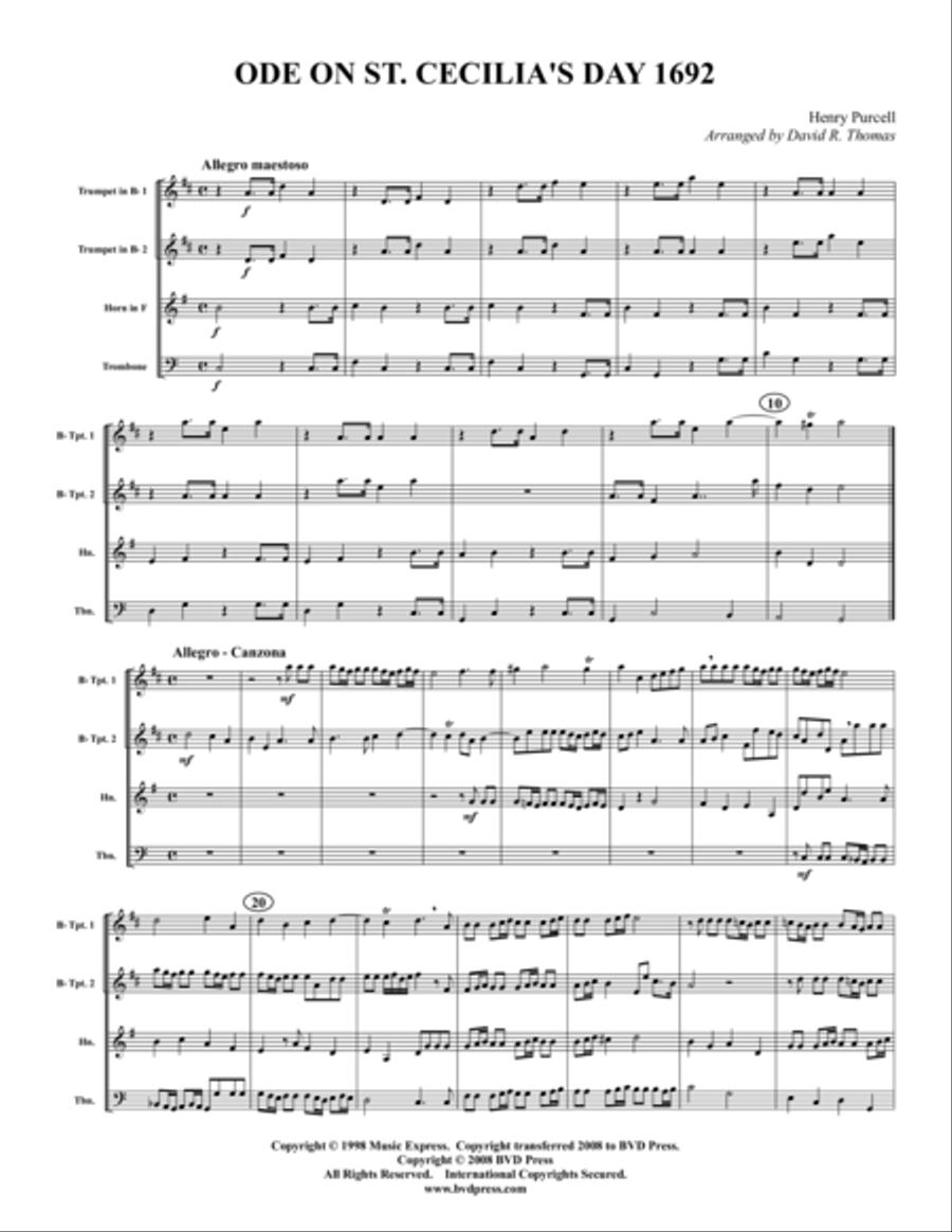 Ode on St. Cecilia's Day Brass Quartet scores gallery preview page 1