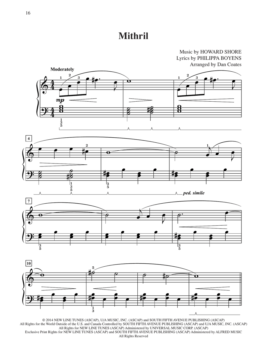 Mithril (from The Hobbit: The Battle of the Five Armies) (arr. Dan Coates) Easy Piano scores gallery preview page 1