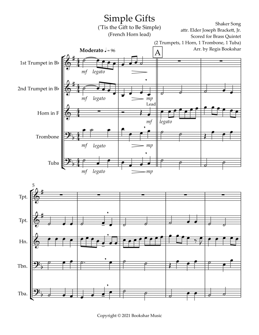 Simple Gifts ('Tis the Gift to Be Simple) (F) (Brass Quintet - 2 Trp, 1 Hrn, 1 Trb, 1 Tuba) (Horn le