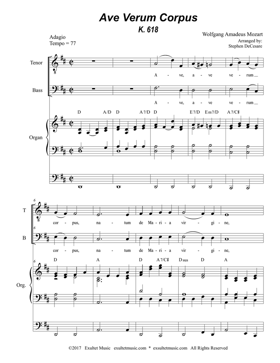 Ave Verum Corpus (Duet for Tenor and Bass Solo - Organ Accompaniment) Tenor Voice scores gallery preview page 1