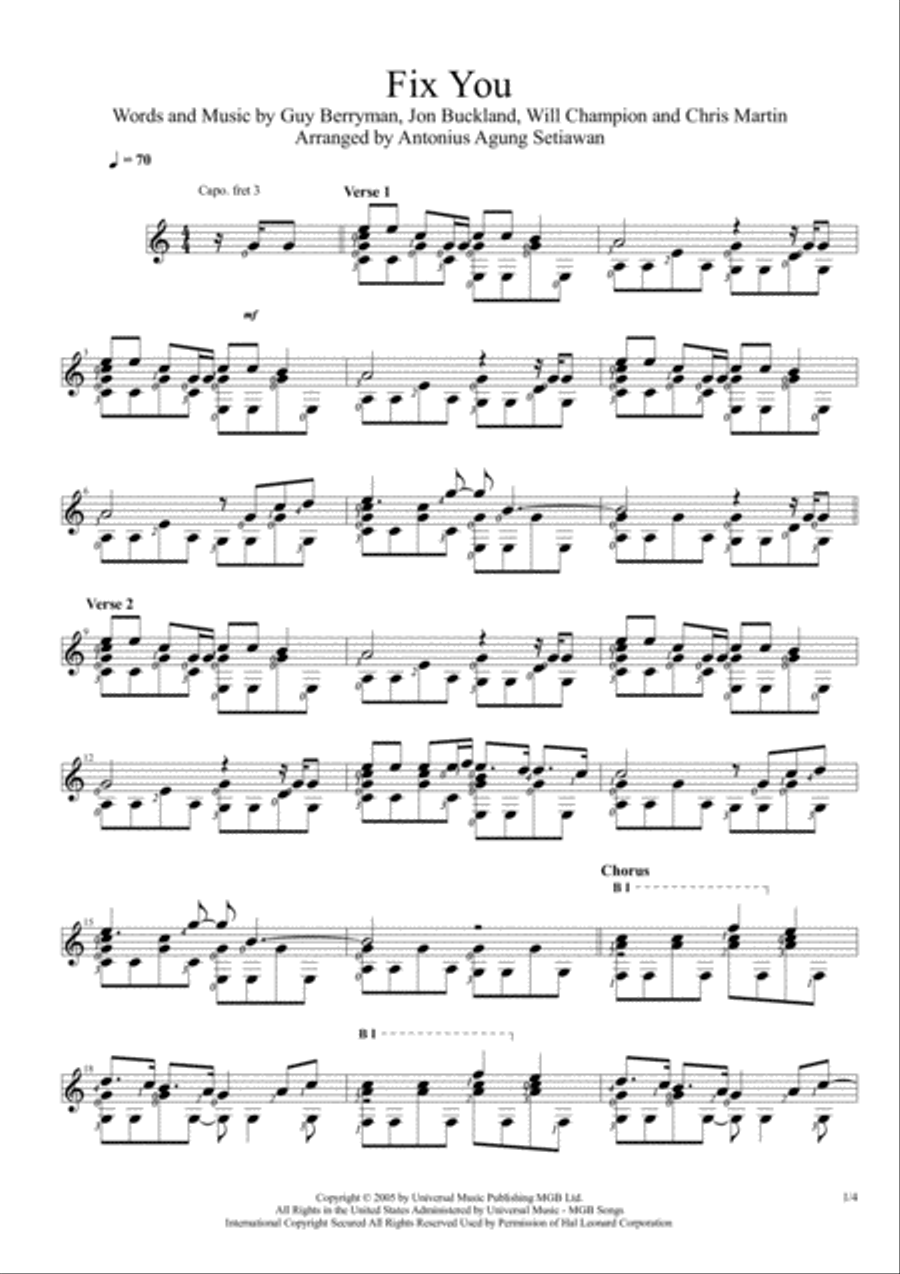 Fix You Guitar Solo scores gallery preview page 1