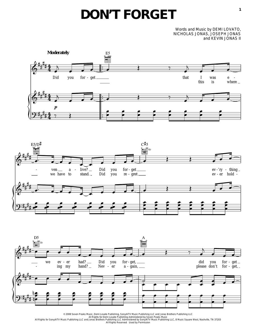 Don't Forget Piano, Vocal, Guitar scores gallery preview page 1