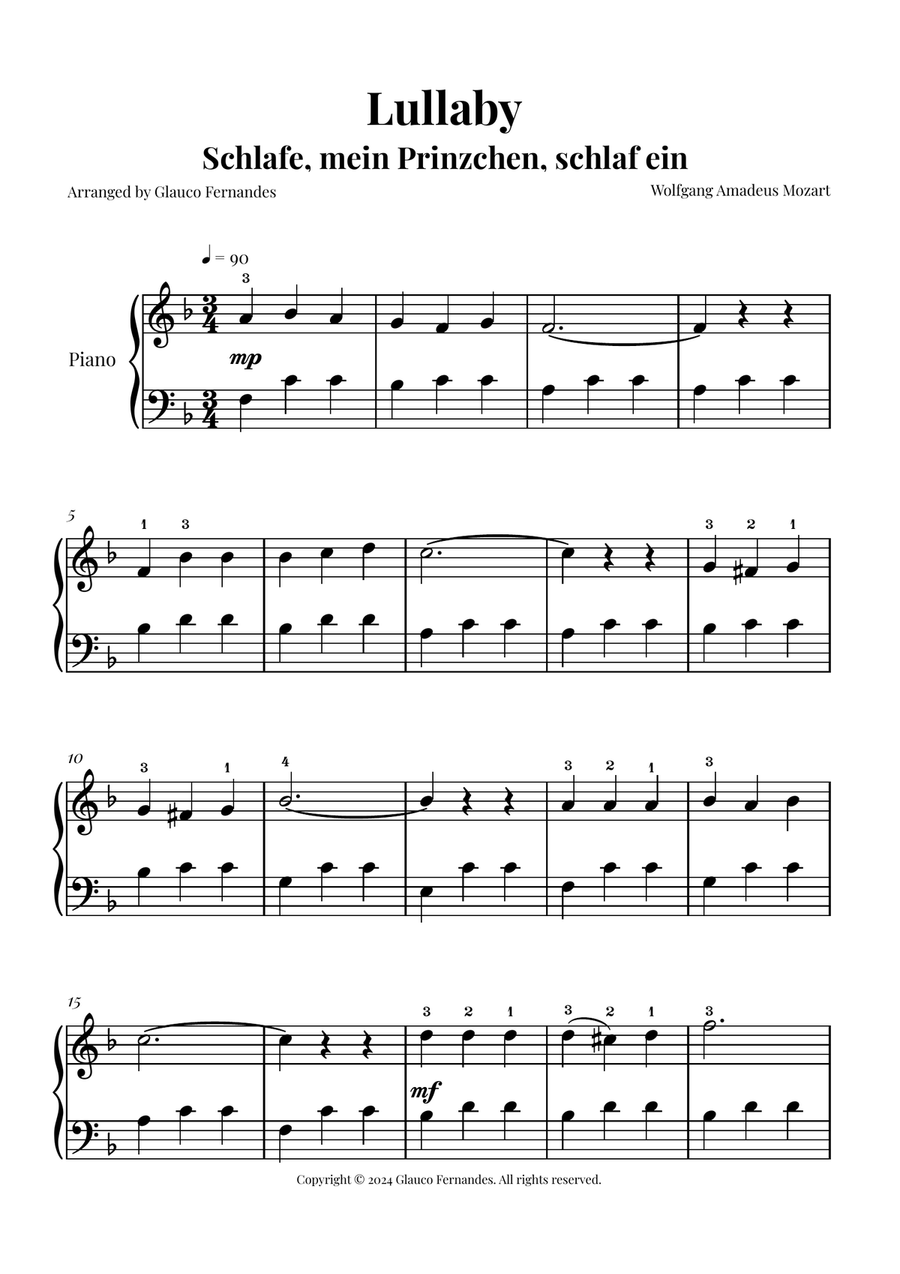Mozart's Lullaby - Easy Piano Arrangement Piano Method scores gallery preview page 1