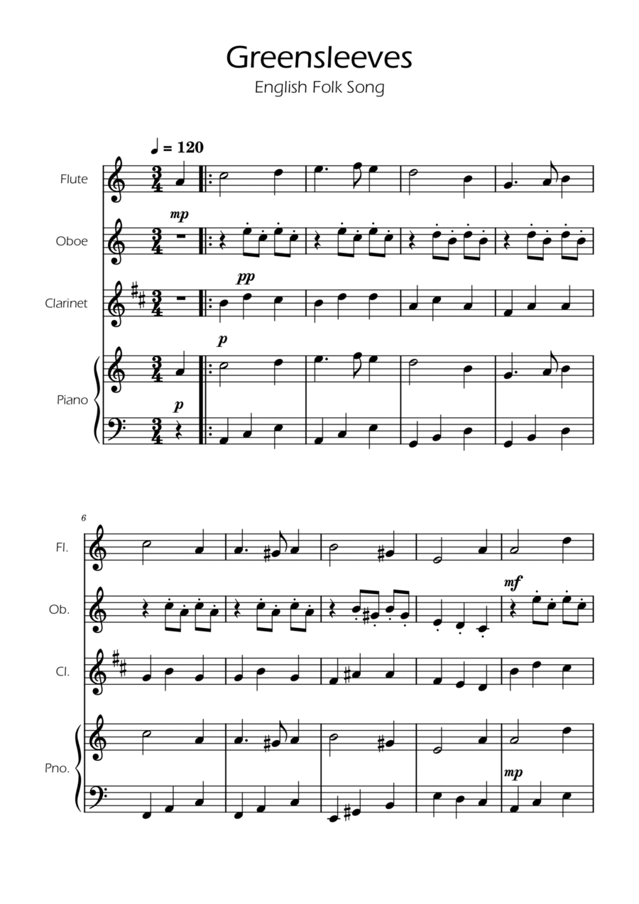 Greensleeves - Woodwind Trio w/ Piano Woodwind Trio scores gallery preview page 1