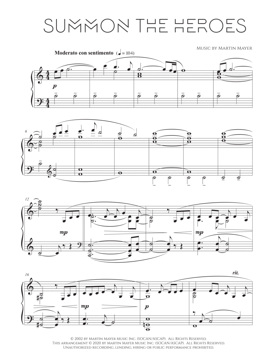Martin Mayer - Summon the Heroes Piano Solo scores gallery preview page 1