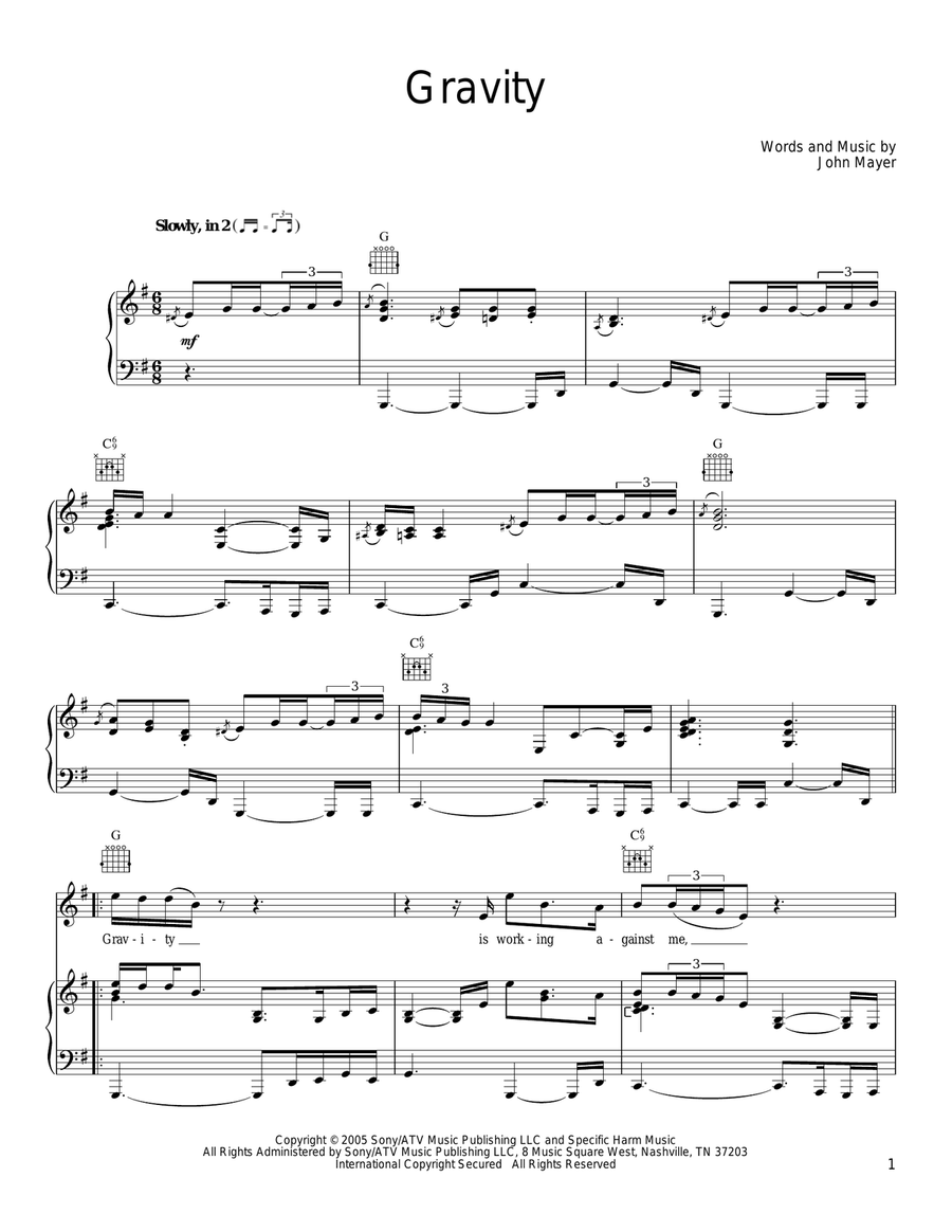 Gravity Piano, Vocal, Guitar scores gallery preview page 1