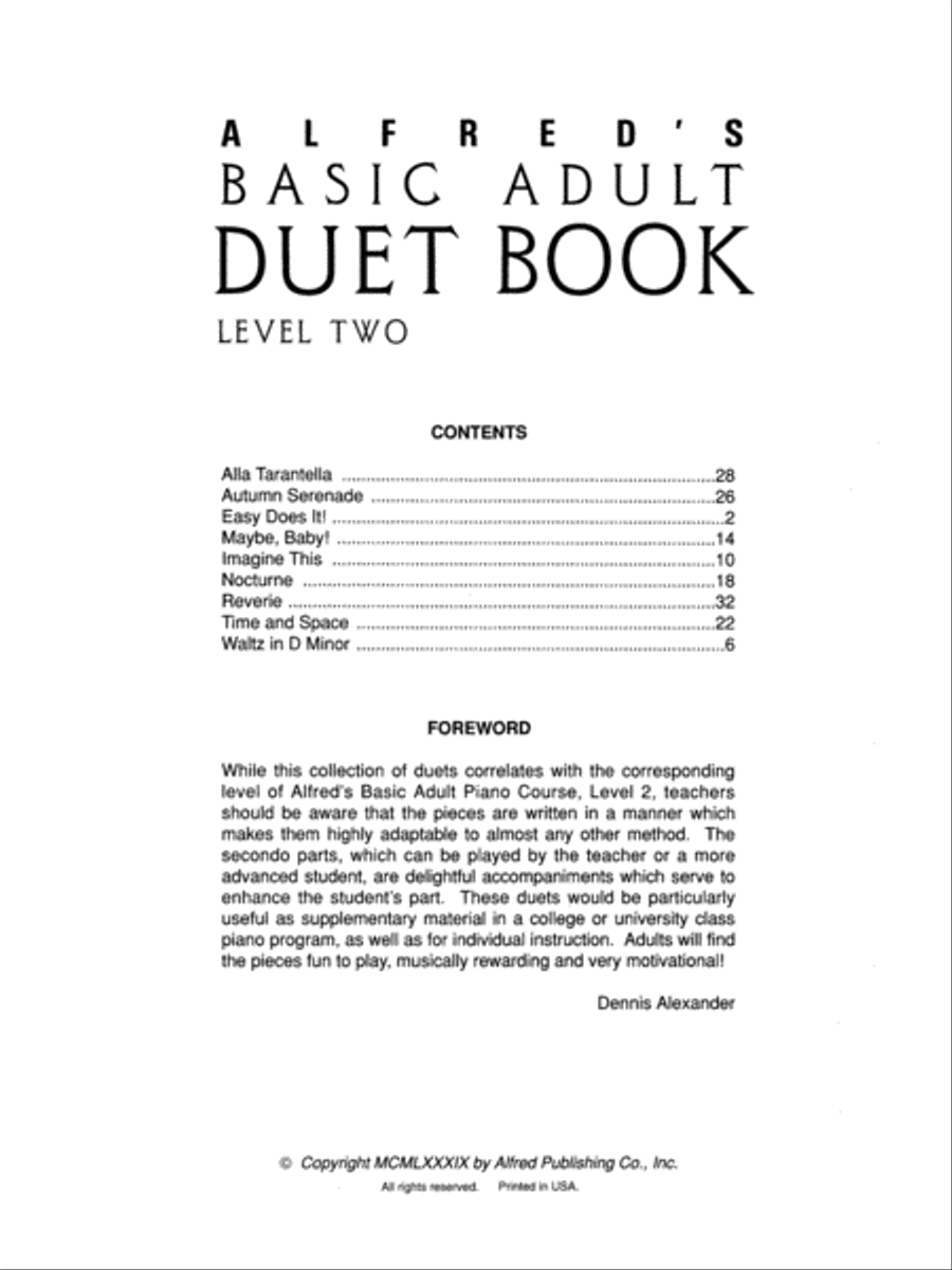 Alfred's Basic Adult Piano Course Duet Book, Book 2