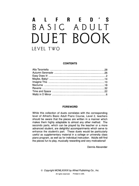 Alfred's Basic Adult Piano Course Duet Book, Book 2