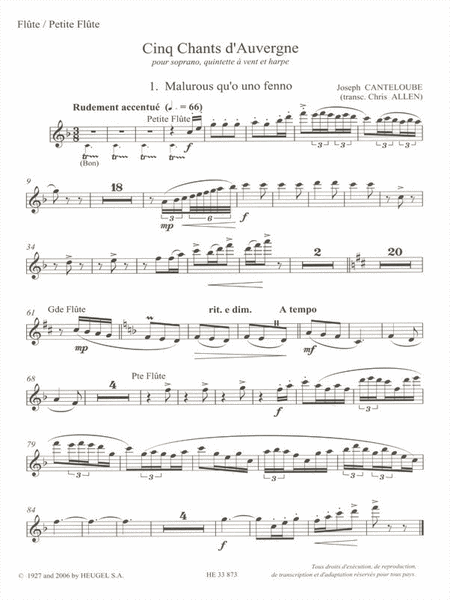 Five Songs From Auvergne, Transcribed For Soprano, Wind Quintet And