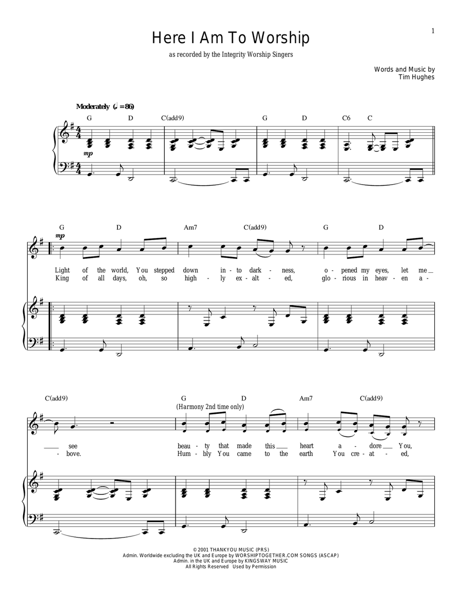 Here I Am To Worship Here I Am To Worship Piano, Vocal scores gallery preview page 1