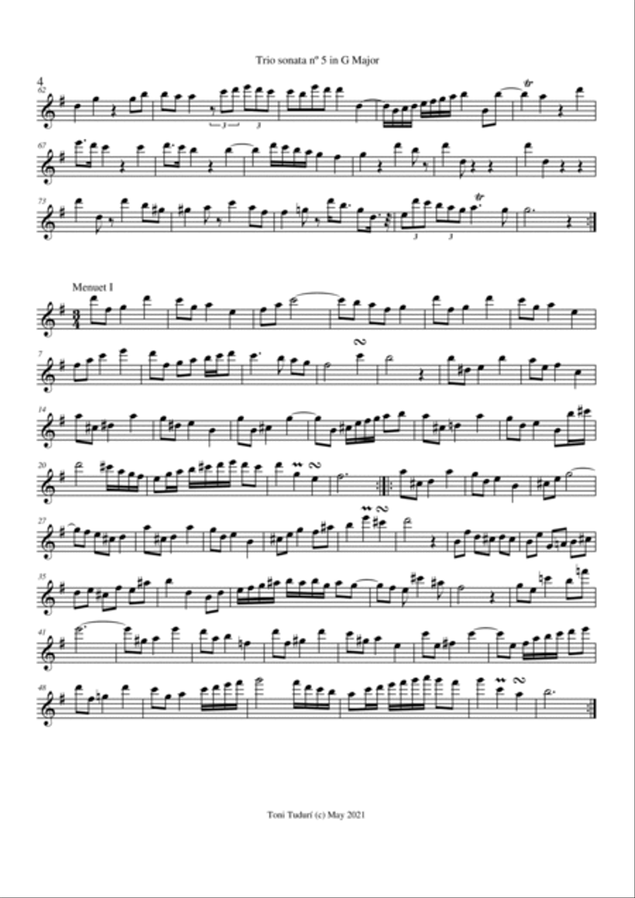 Trio sonata nº5 in G Major for flute, violin & cello or 2 violins & cello and basso continuo (PARTS Small Ensemble scores gallery preview page 4