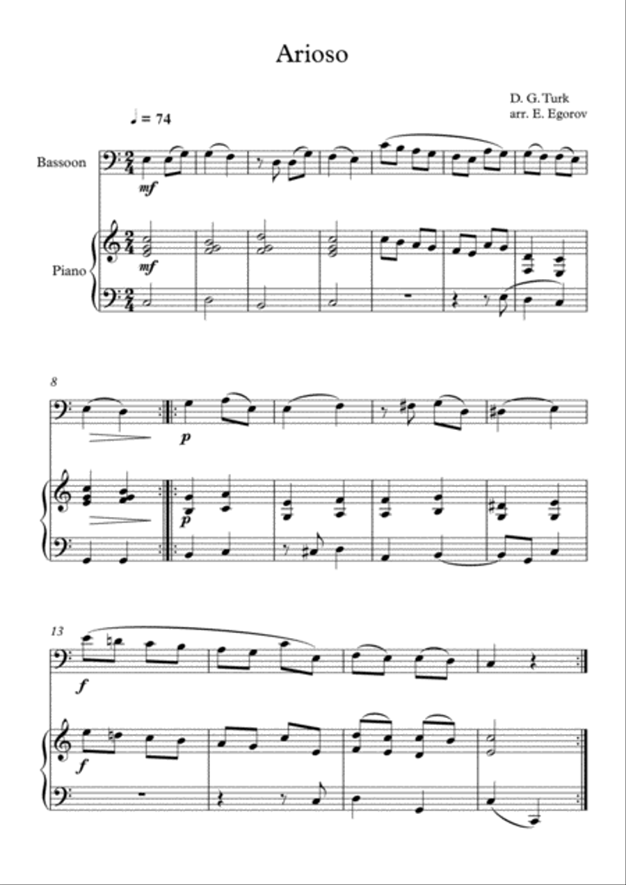 Arioso, Daniel Gottlob Turk, For Bassoon & Piano Bassoon Solo scores gallery preview page 1