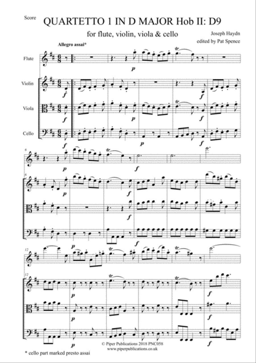 HAYDN QUARTETTO 1 IN D MAJOR Hob II: D9 for flute, violin, viola & cello Small Ensemble scores gallery preview page 3