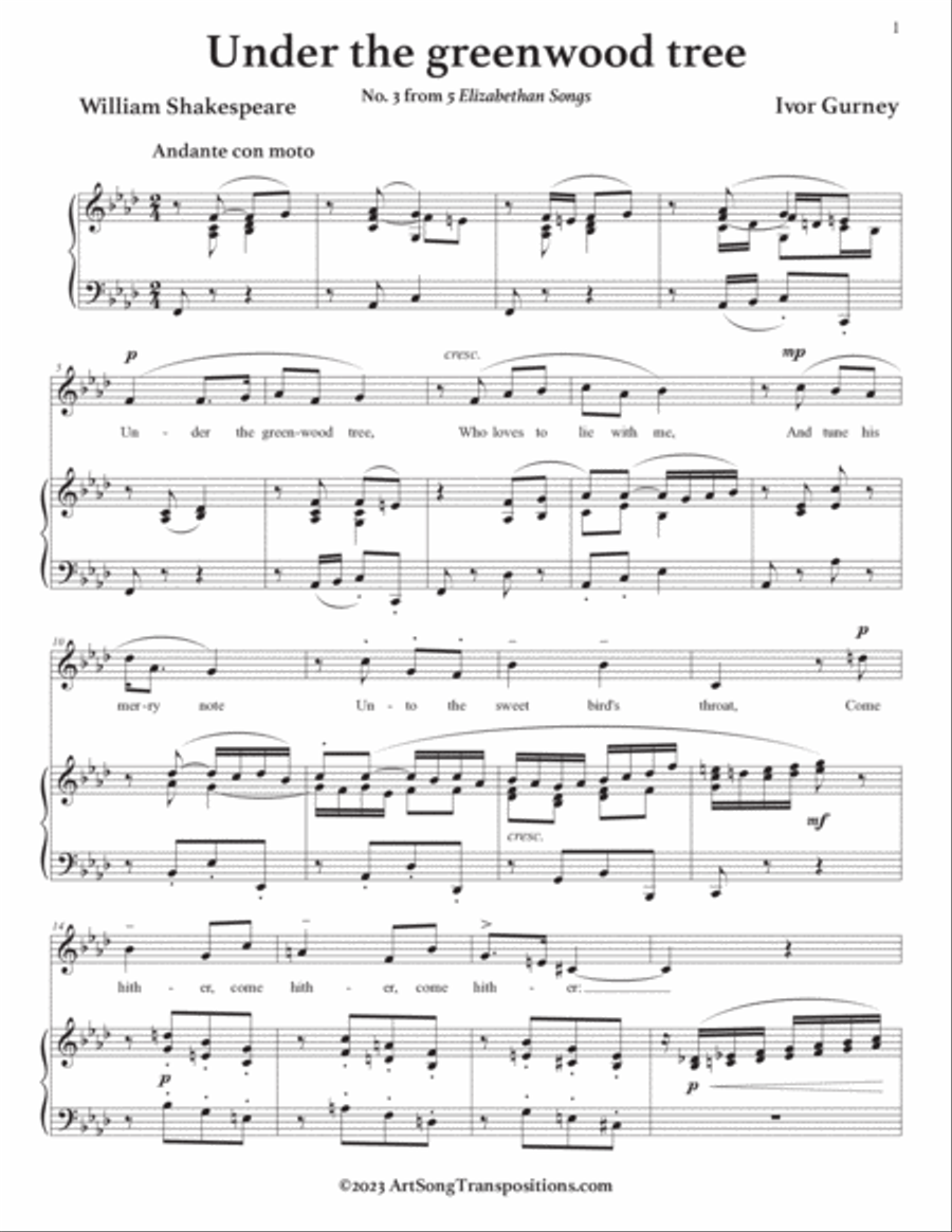 GURNEY: Under the greenwood tree (transposed to F minor) Voice scores gallery preview page 2