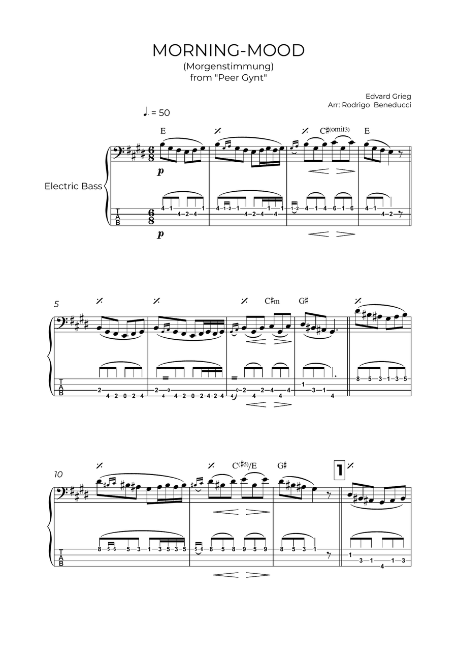 MORNING-MOOD - EDVARD GRIEG – BASS TABLATURE Guitar Tablature scores gallery preview page 2
