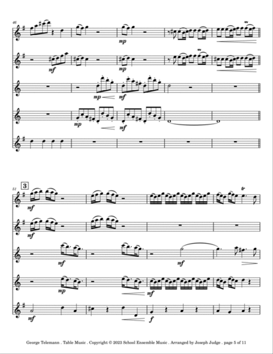 Table Music by Telemann for Saxophone Quintet in Schools Saxophone Quintet scores gallery preview page 5