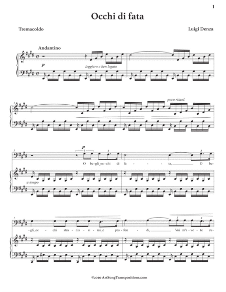 DENZA: Occhi di fata (transposed to E major, bass clef)