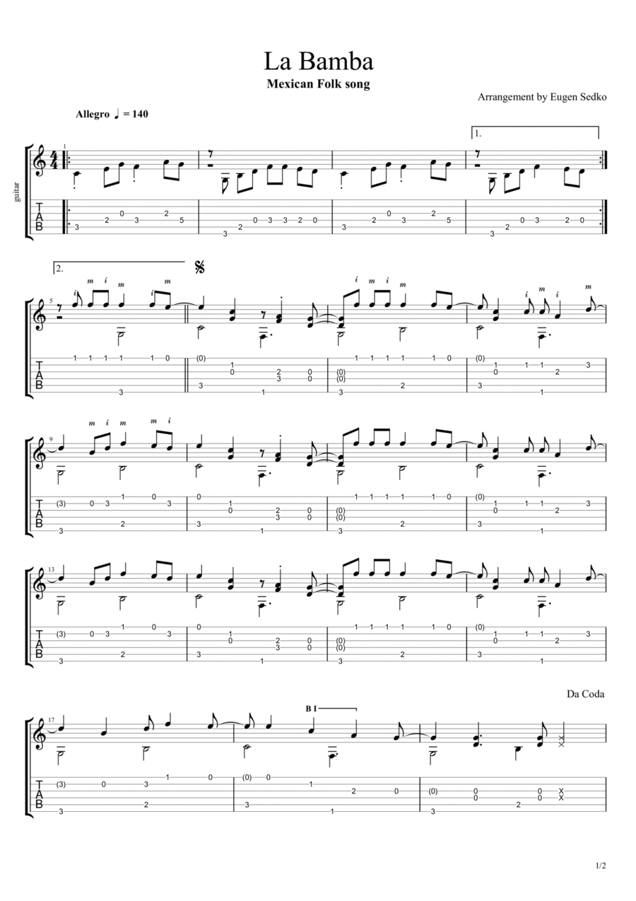 La Bamba solo guitar arrangement, score + tab Acoustic Guitar scores gallery preview page 1