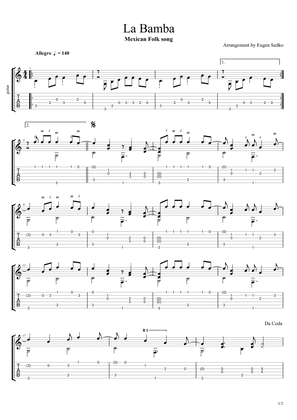 La Bamba solo guitar arrangement, score + tab