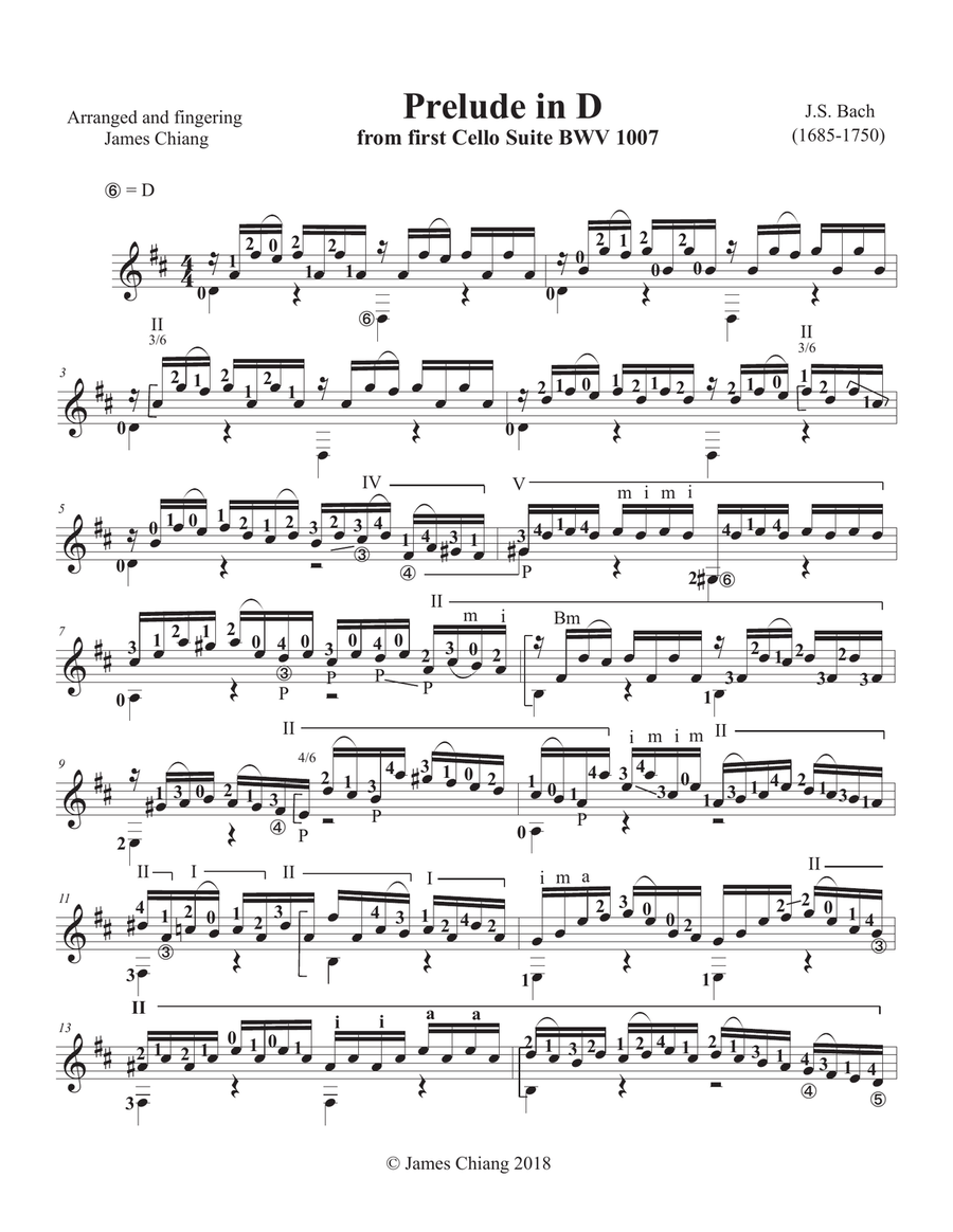 Prelude in D from Cello Suite (BWV 1007) by J.S. Bach - Arranged and fingering for classical guitar Acoustic Guitar scores gallery preview page 1
