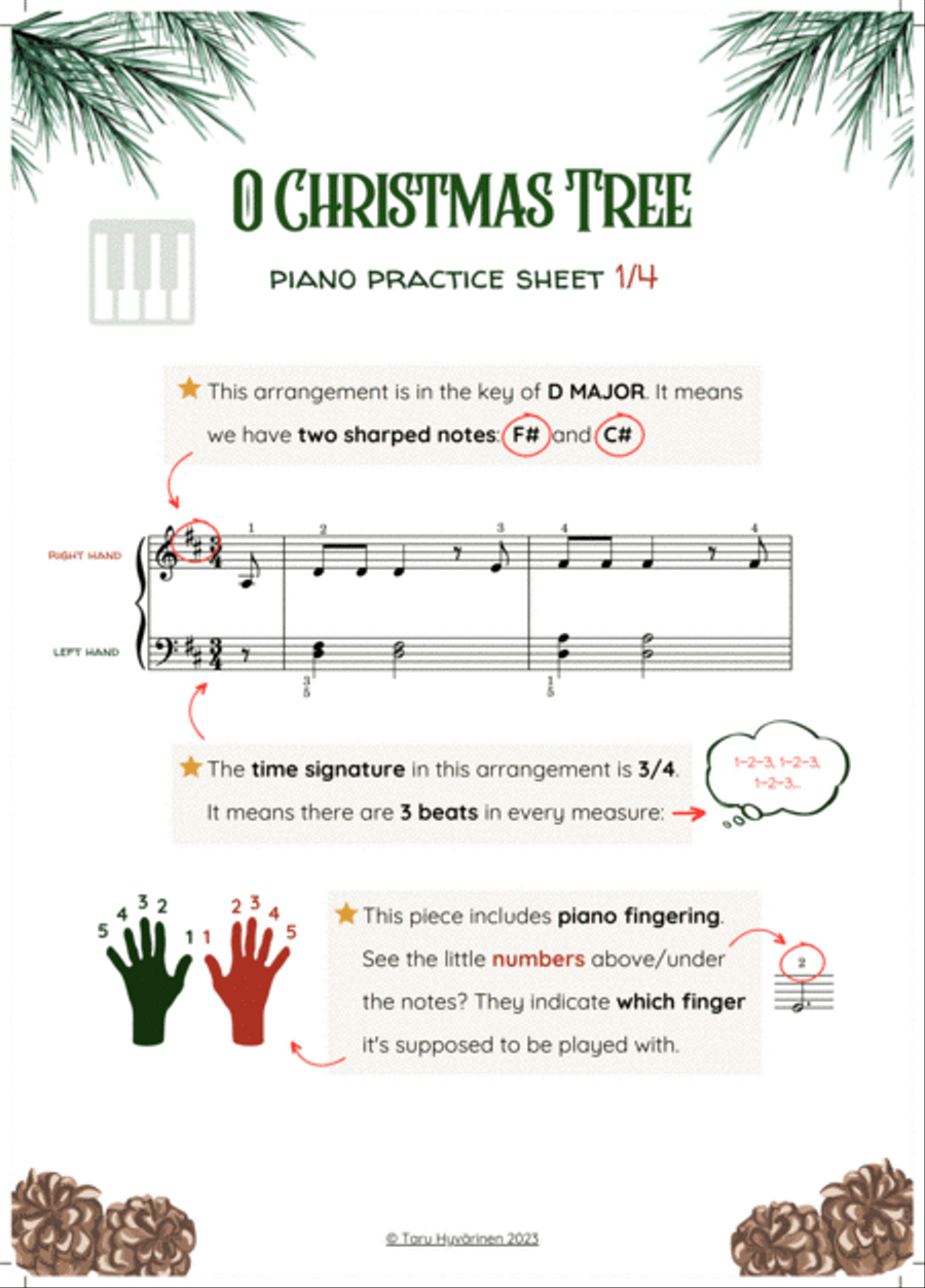 'O Christmas Tree' Easy Beginner Piano PRACTICE SHEET + Sheet Music for Kids | Christmas Carol Piano Method scores gallery preview page 2