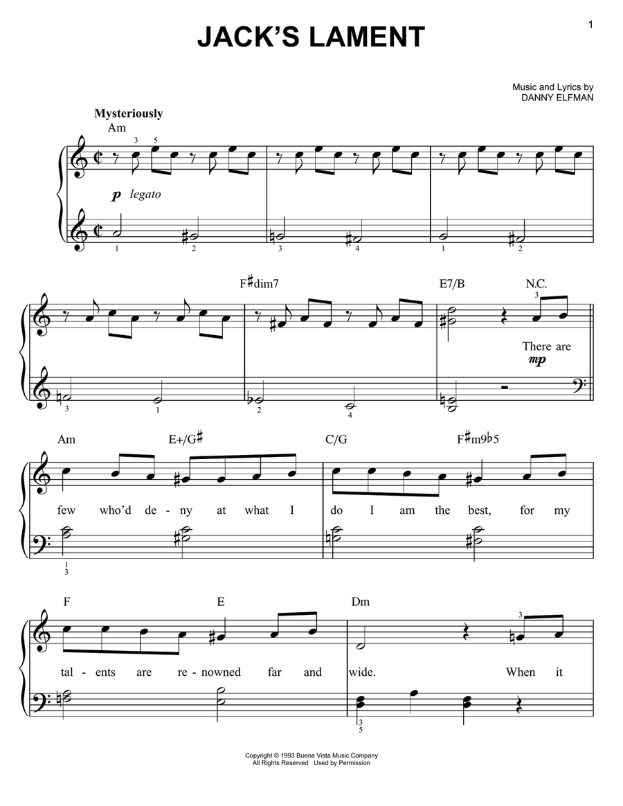 Jack's Lament (from The Nightmare Before Christmas) Easy Piano scores gallery preview page 1