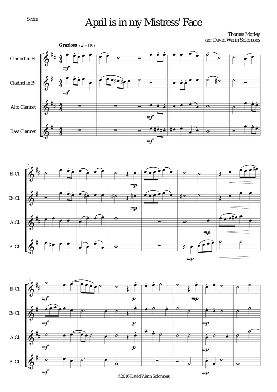 April is in my Mistress' Face for clarinet quartet (E flat, Bflat, alto and bass)