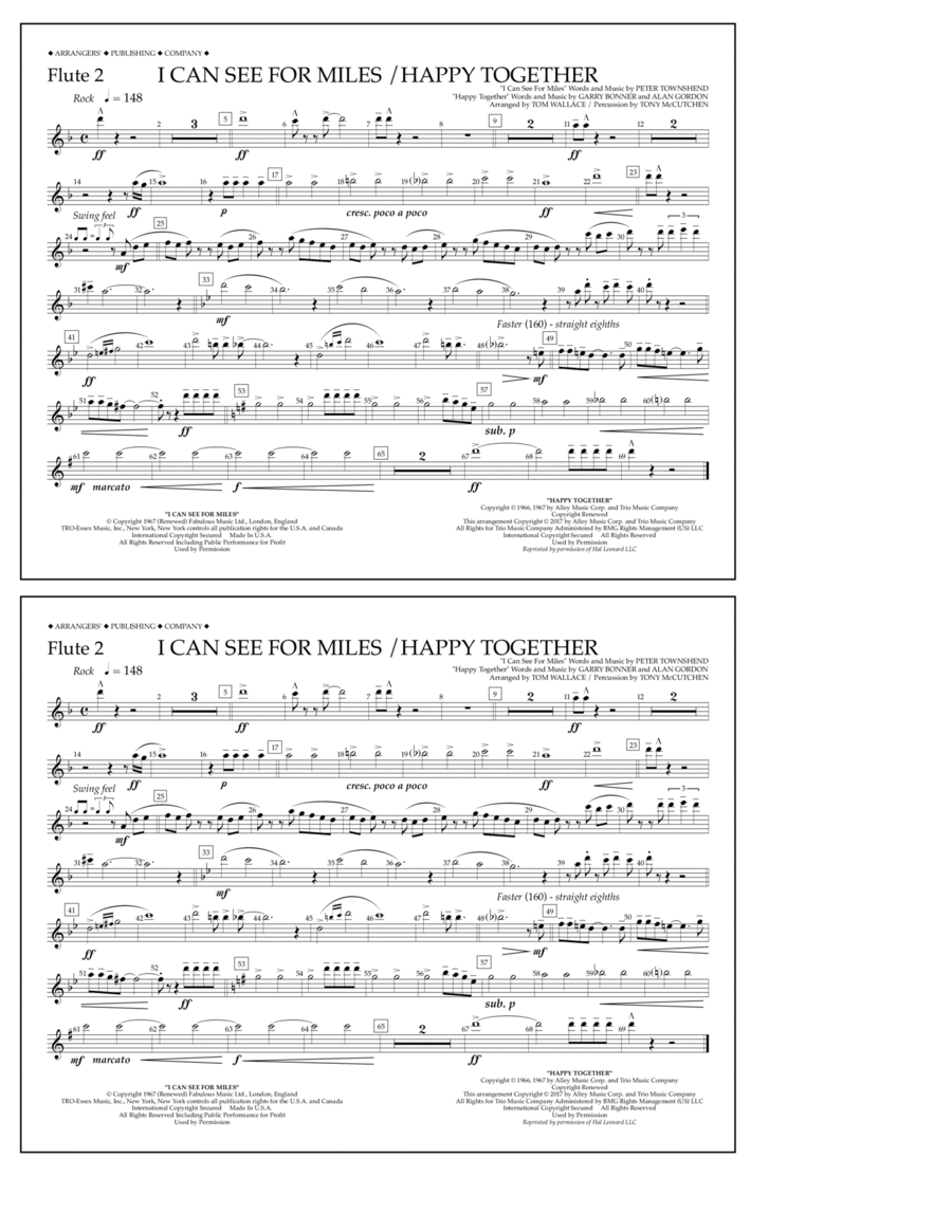 I Can See for Miles/Happy Together - Flute 2 Marching Band scores gallery preview page 1