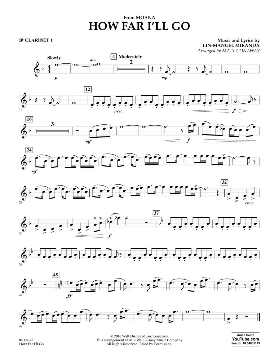 How Far I'll Go (from Moana) - Bb Clarinet 1 Concert Band scores gallery preview page 1