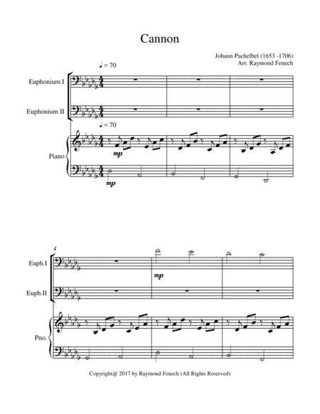 Canon - Johann Pachelbel - 2 Euphoniums and Piano - Intermediate/Advanced Intermediate level image number null