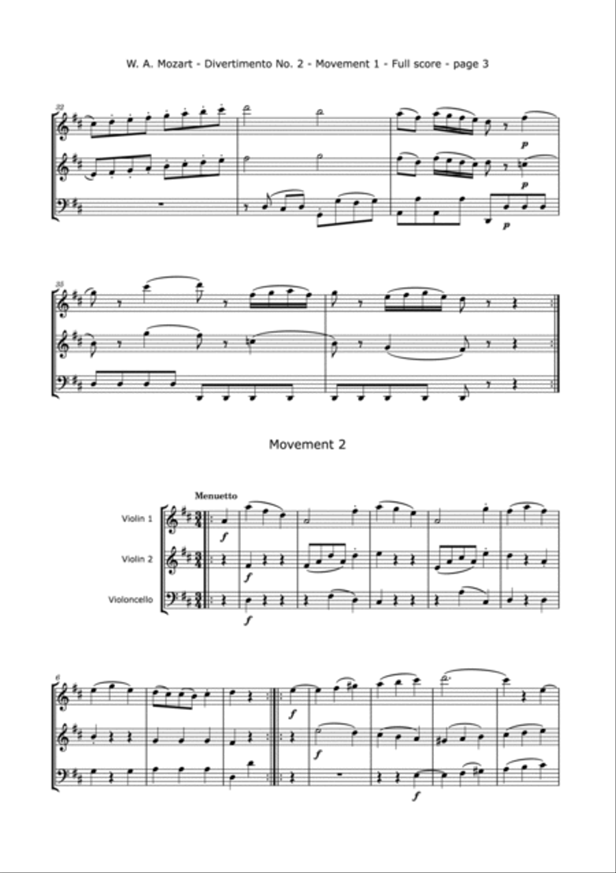 Divertimento No.2, K. 229, Arranged for Two Violins and Cello String Trio scores gallery preview page 4