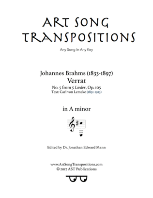 Book cover for BRAHMS: Verrat, Op. 105 no. 5 (transposed to A minor)