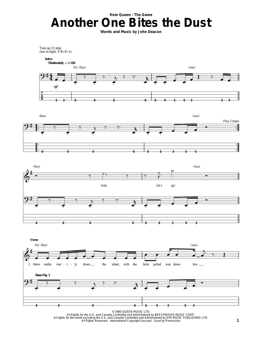 Another One Bites The Dust Guitar Tablature scores gallery preview page 1