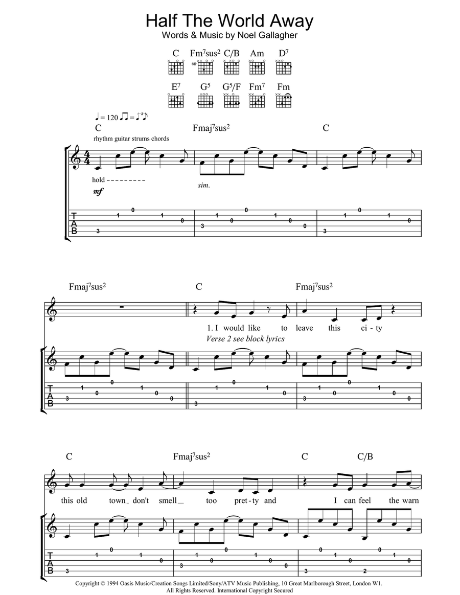 Half The World Away Guitar Tablature scores gallery preview page 1