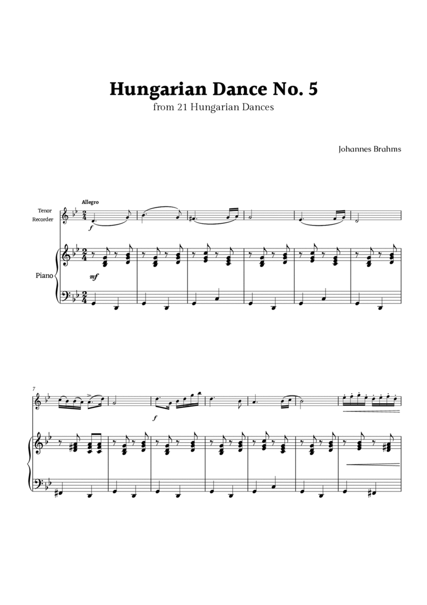 Hungarian Dance No. 5 by Brahms for Tenor Recorder and Piano image number null