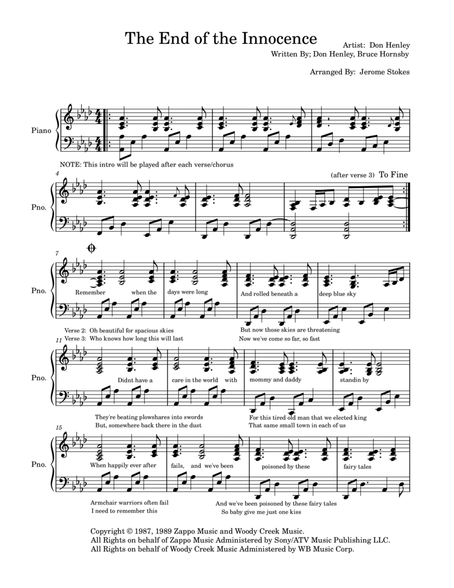 The End Of The Innocence Easy Piano scores gallery preview page 1