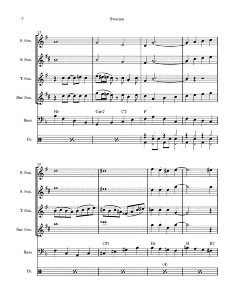 Swanee (saxophone quartet) Saxophone Quartet scores gallery preview page 5
