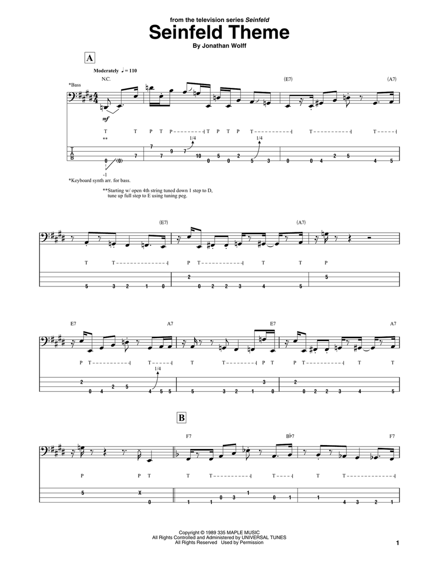 Seinfeld Theme Bass Guitar Tablature scores gallery preview page 1