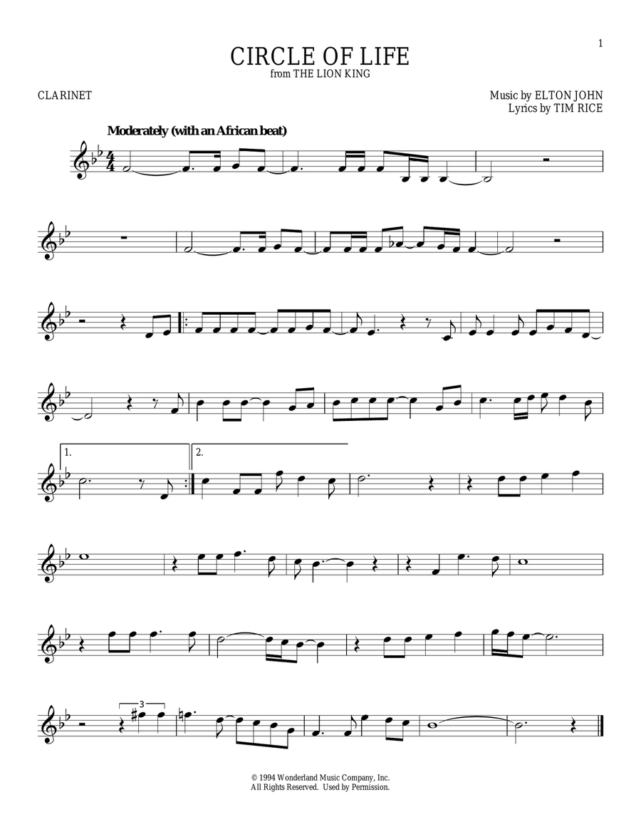 Circle Of Life (from The Lion King) Clarinet Solo scores gallery preview page 1