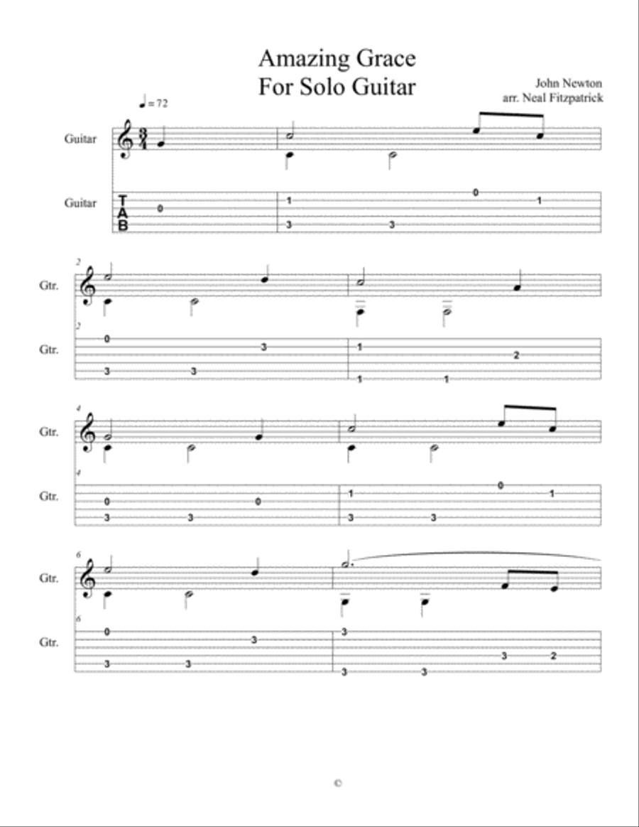 Amazing Grace For Solo Guitar-Beginner Level Easy Guitar scores gallery preview page 1