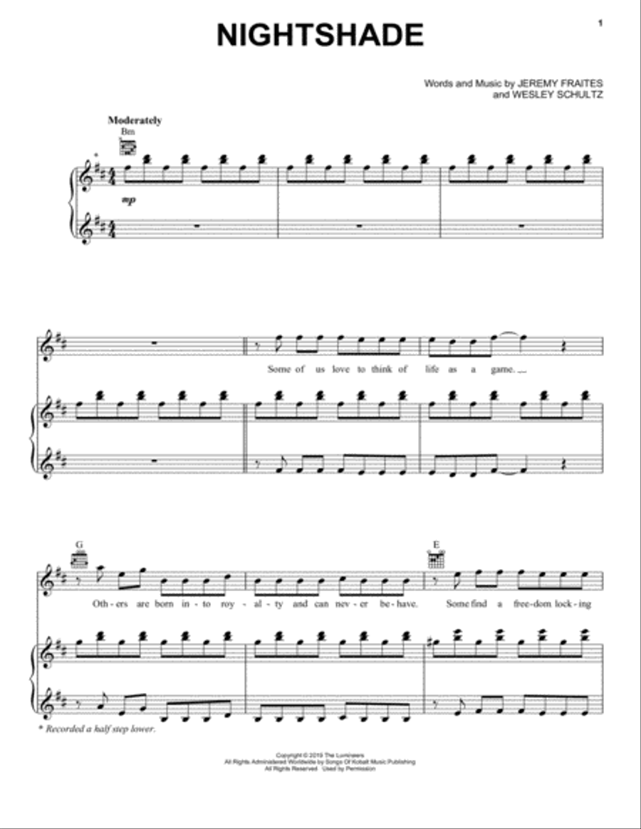 Nightshade (from For the Throne: Music Inspired by Game of Thrones) Piano, Vocal, Guitar scores gallery preview page 1