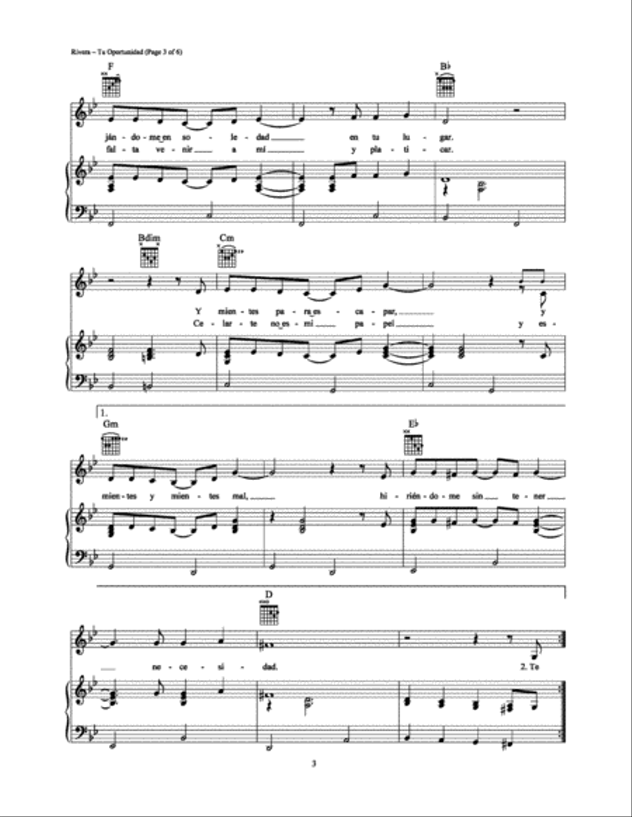 Tu Oportunidad Tu Oportunidad Piano, Vocal, Guitar scores gallery preview page 3