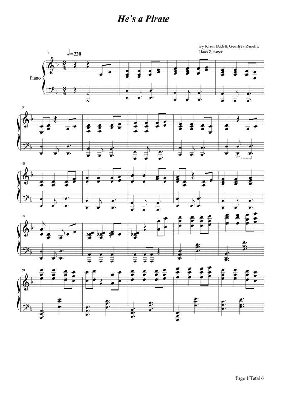He's A Pirate He's A Pirate Piano Solo scores gallery preview page 1