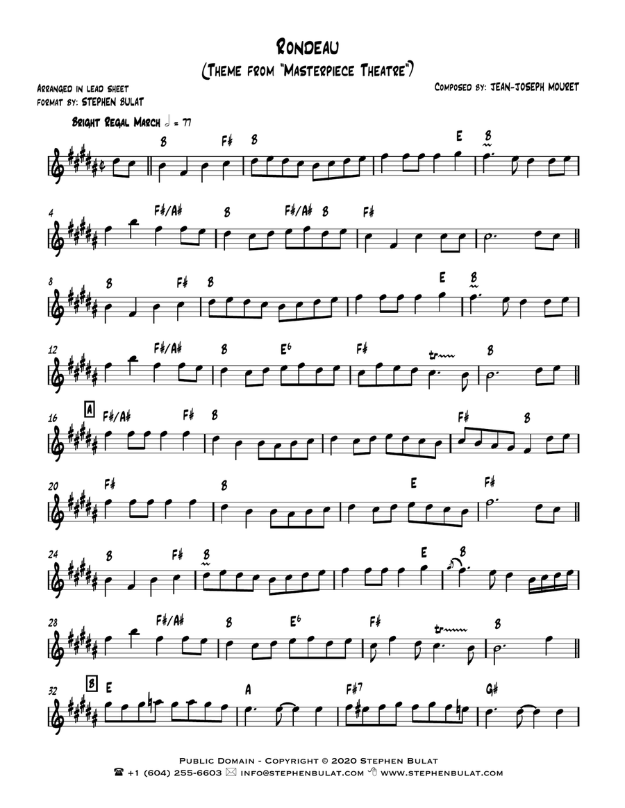 Rondeau (Theme from Masterpiece Theatre) - Lead sheet (key of B)